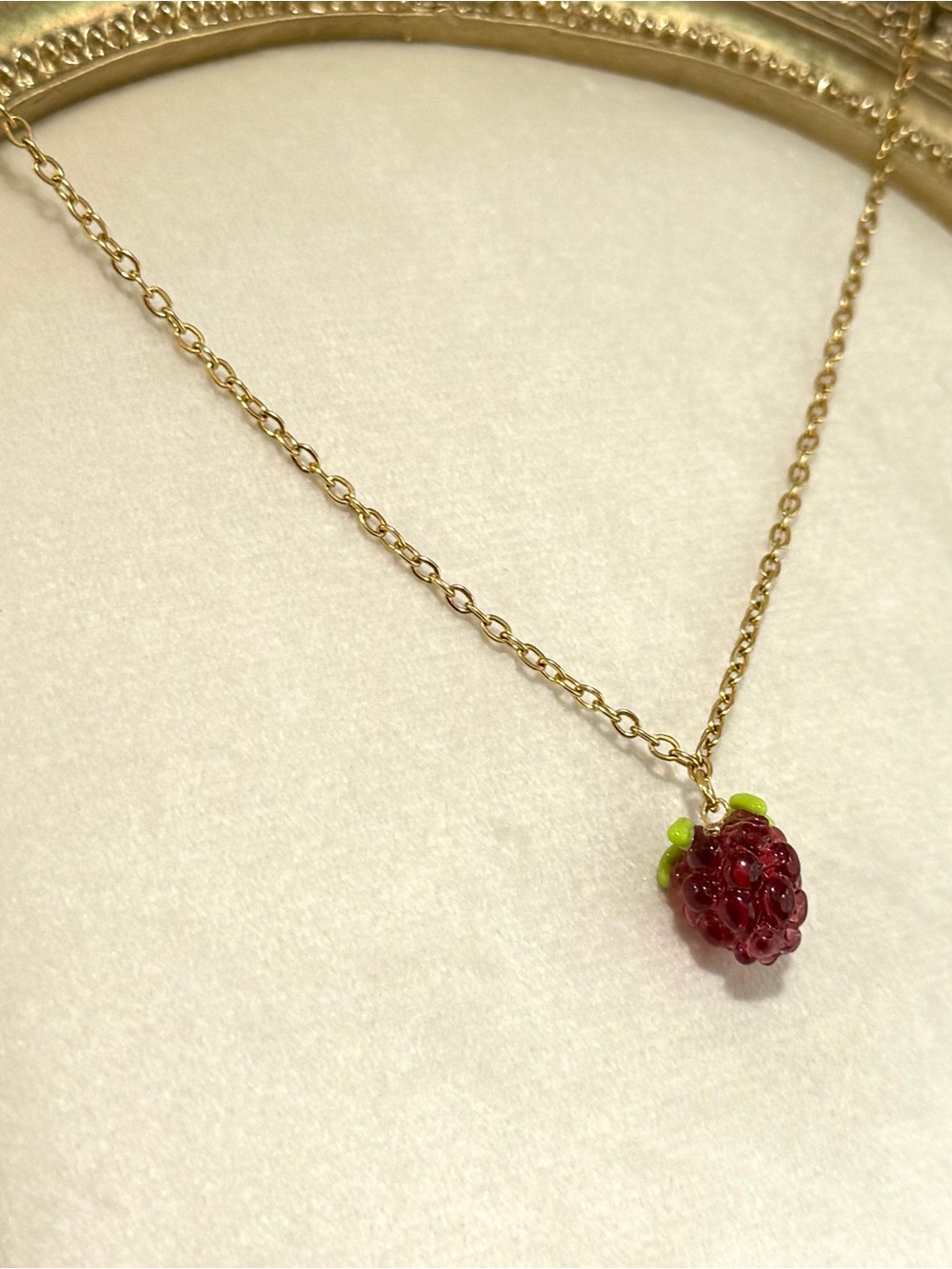 Gold Chain Necklace with Red Raspberry Pendant - Women Jewelry
